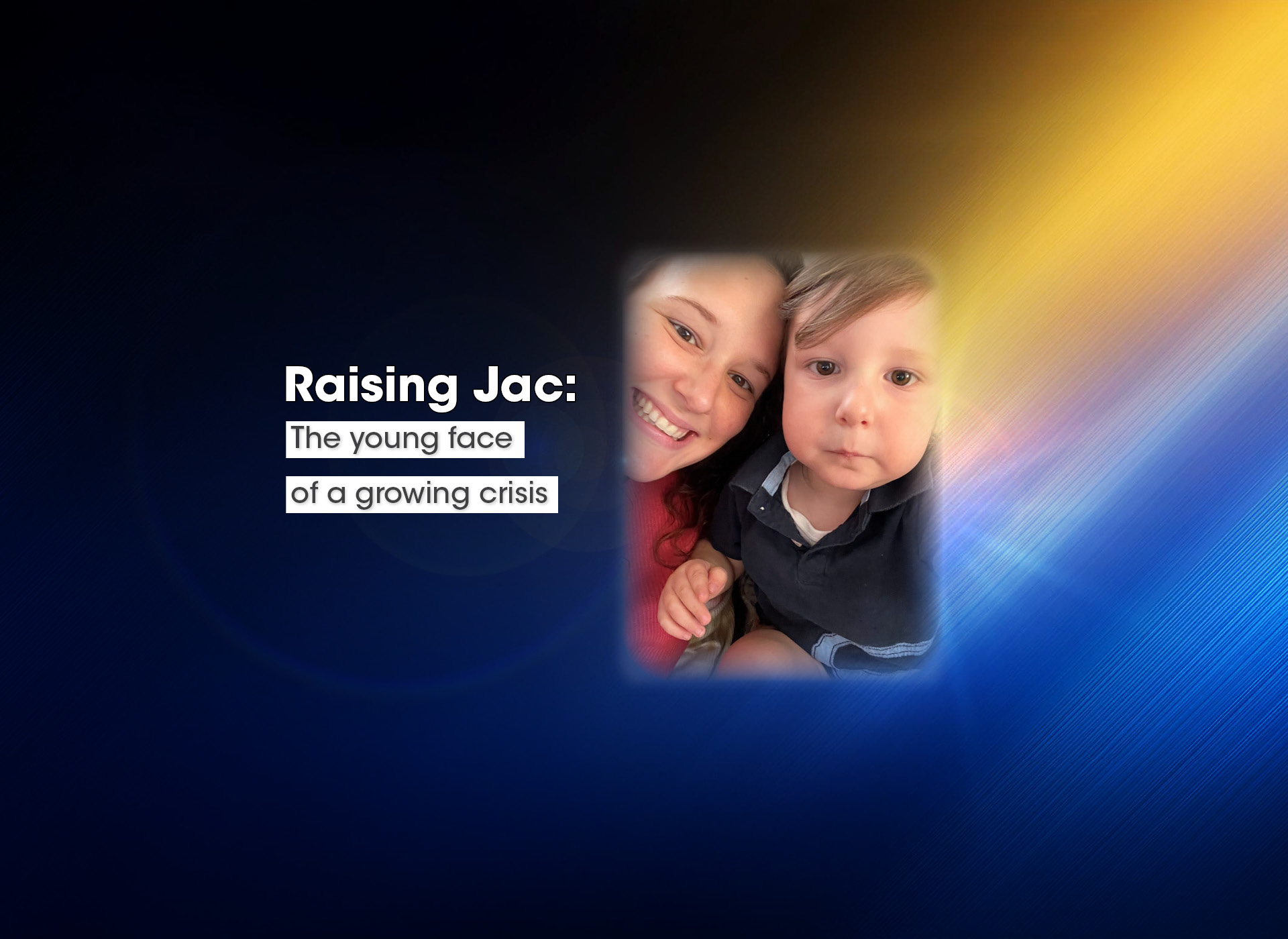 woman and child hug and smile; blue background