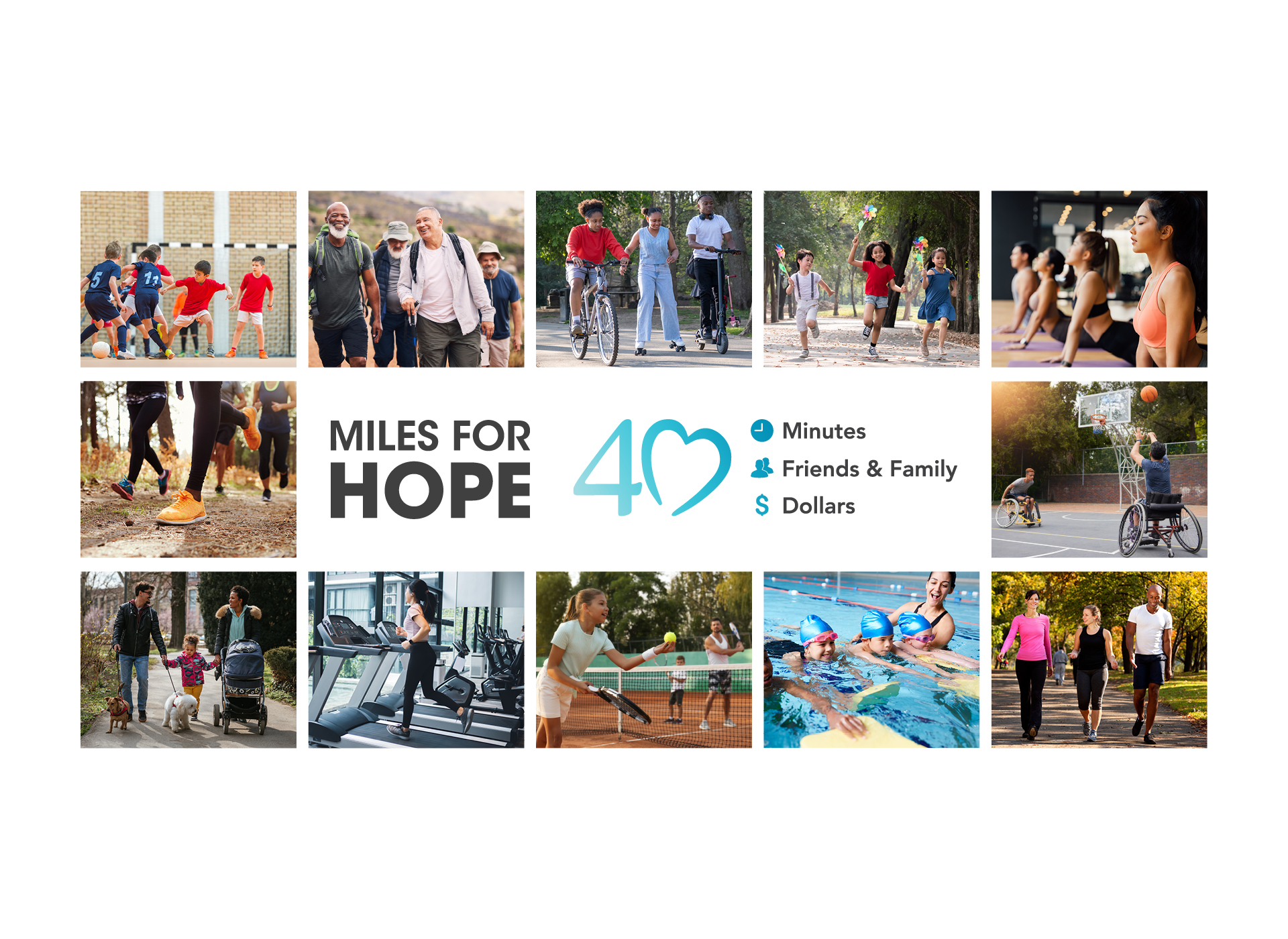 collage with miles for hope logo in center