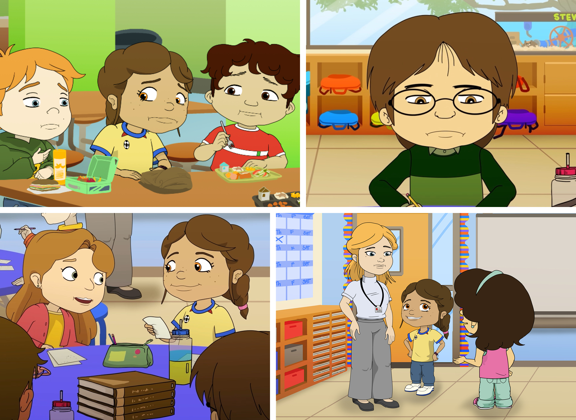four stills from new episode: ada in the cafeteria with robbie; daniel; ada with her friends in class; students talking to a teacher