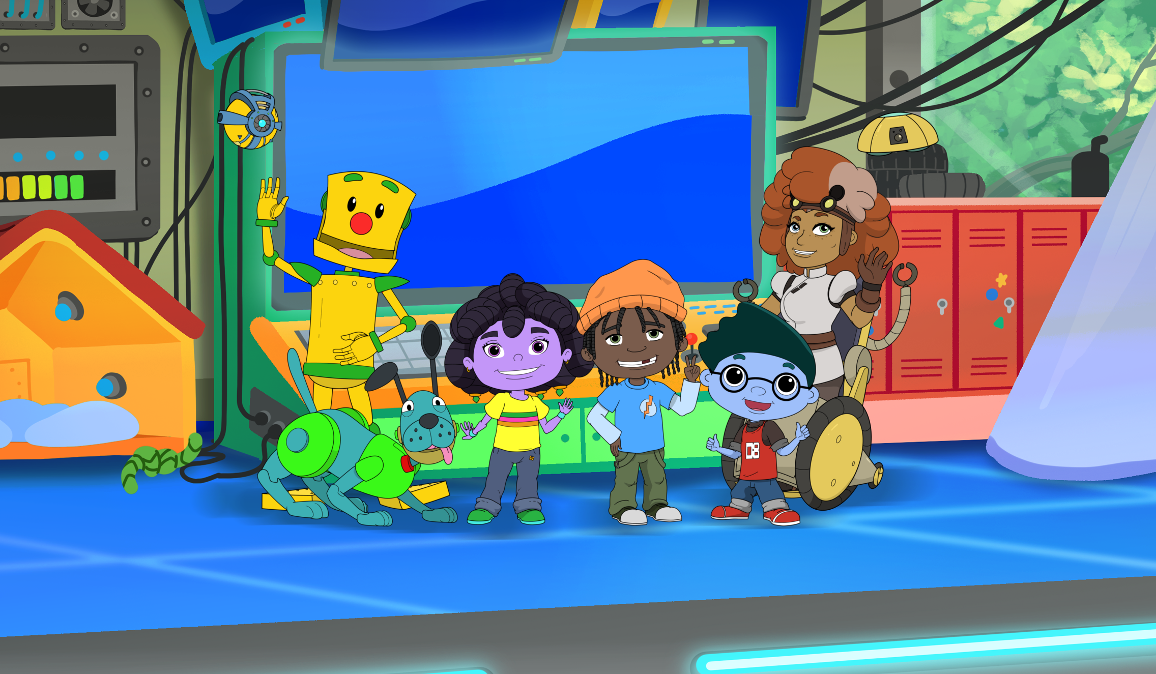 animated characters clicky, nettie, and webster stand in the control room with their friends