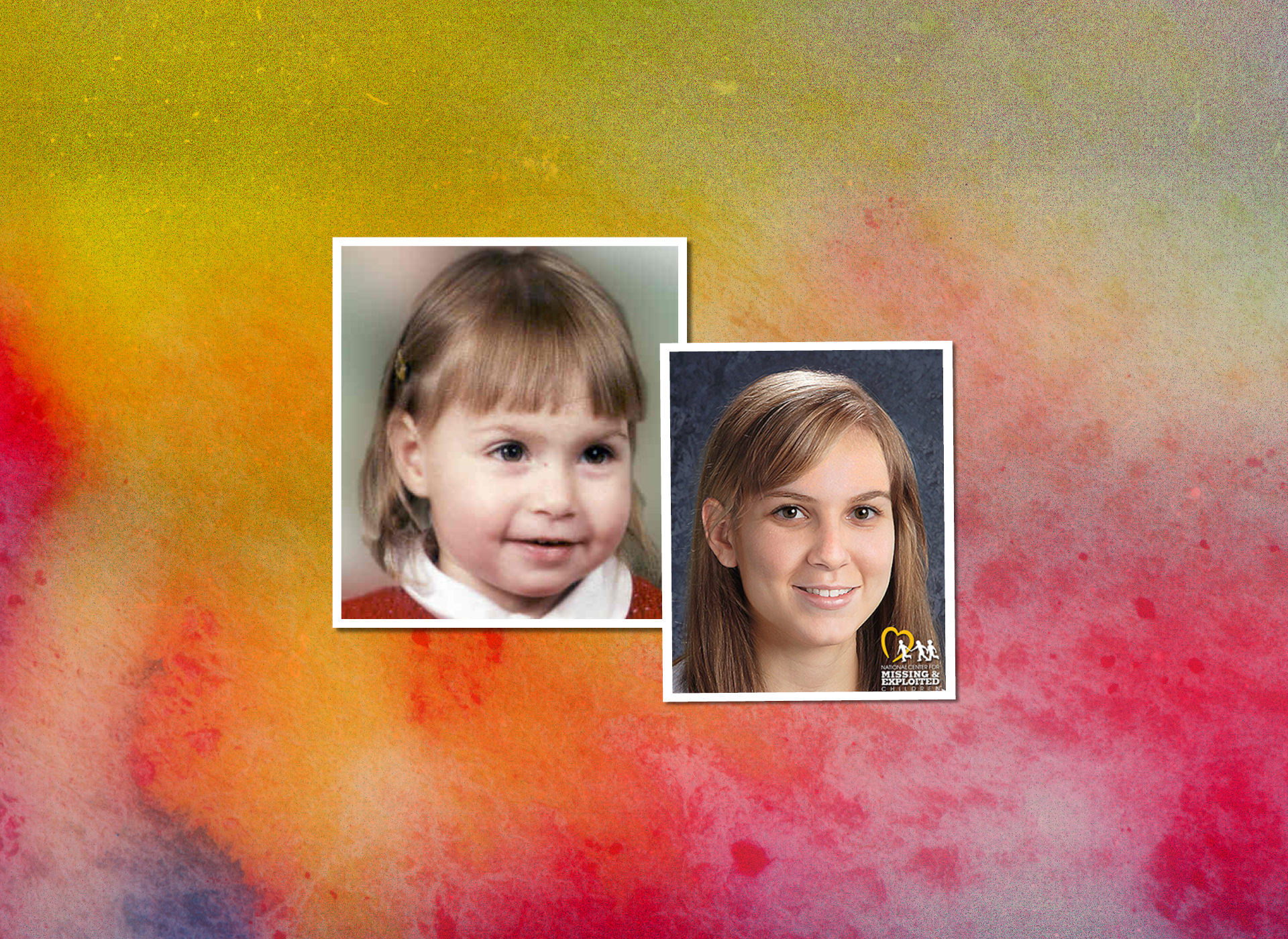 yellow and red background with samantha, blonde, as a toddler and her age progression image next to it