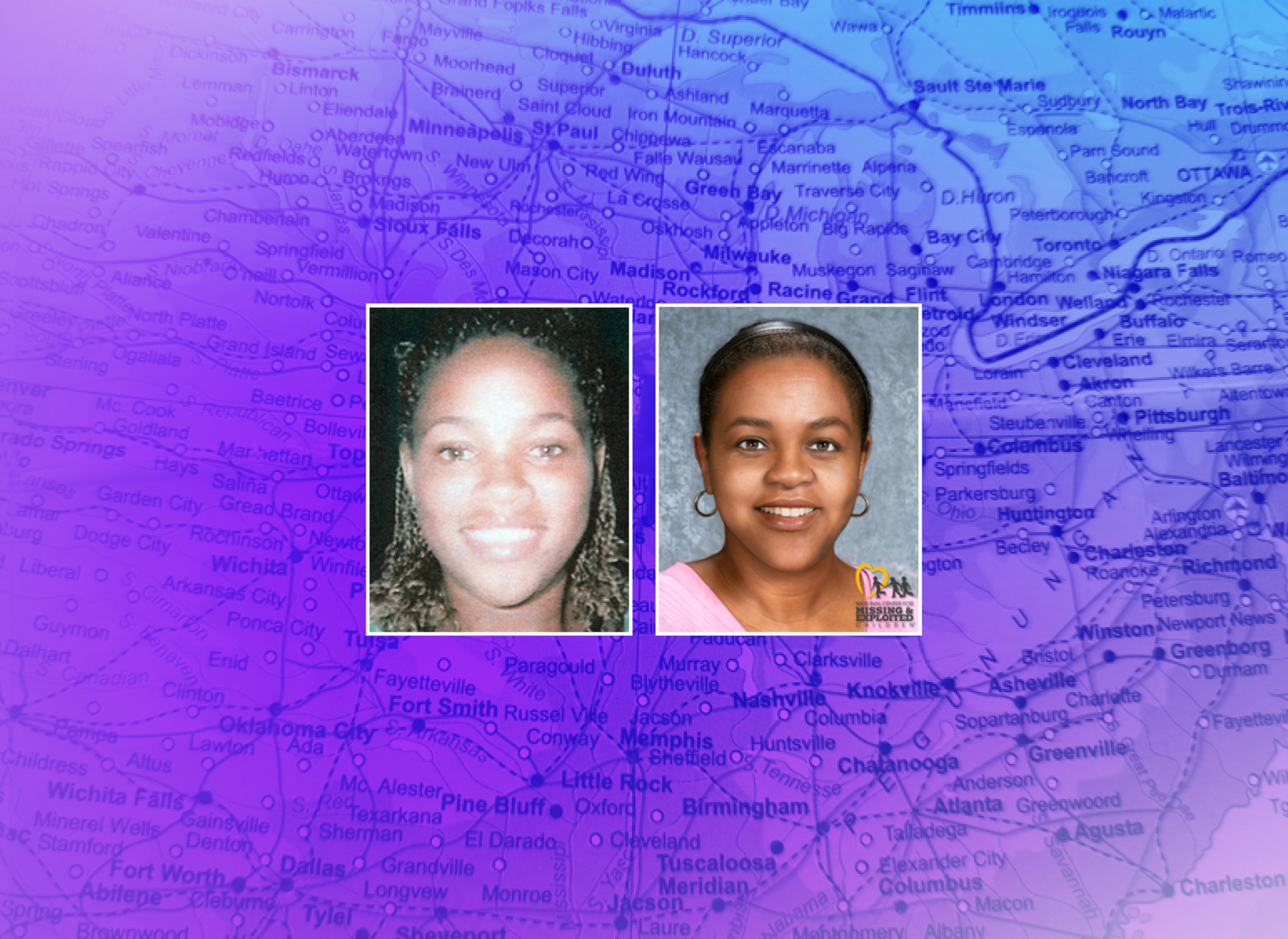 two images of kelly, a black girl: one as a 20-year-old, smiling, with braids; second is age progressed to 39, dark hair pulled back, smiling; background is a blue map of the USA