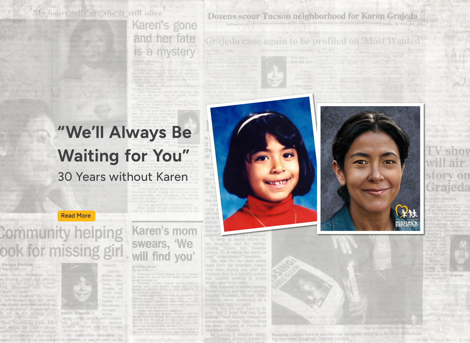 background of faded newspaper clippings; foreground two color photos: one of karen with short dark hair smiling and in a red top as a child; right is her age progression
