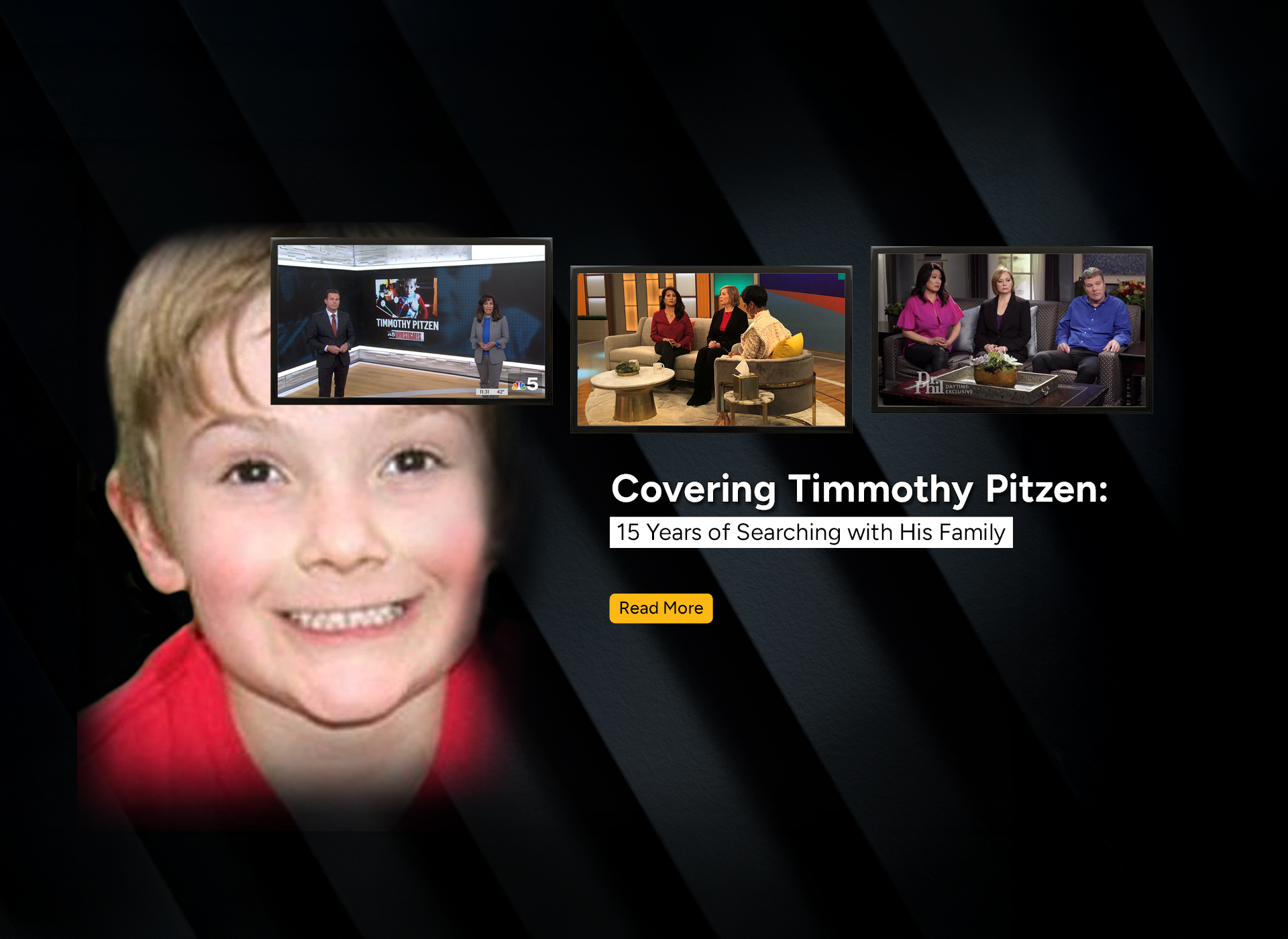 background image of little boy, white with blonde hair; three images in foreground of family giving media interviews