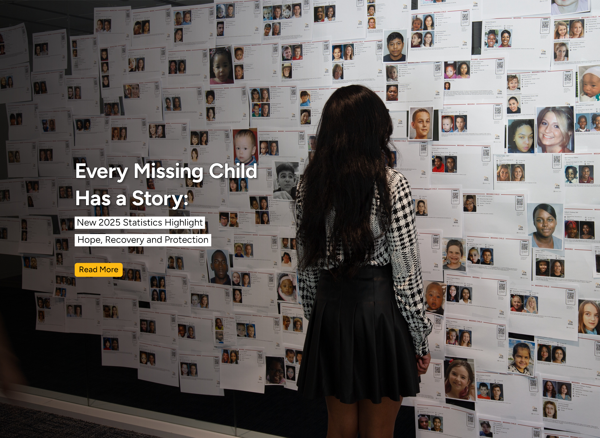 a silhouette of a girl looks at a wall of missing posters