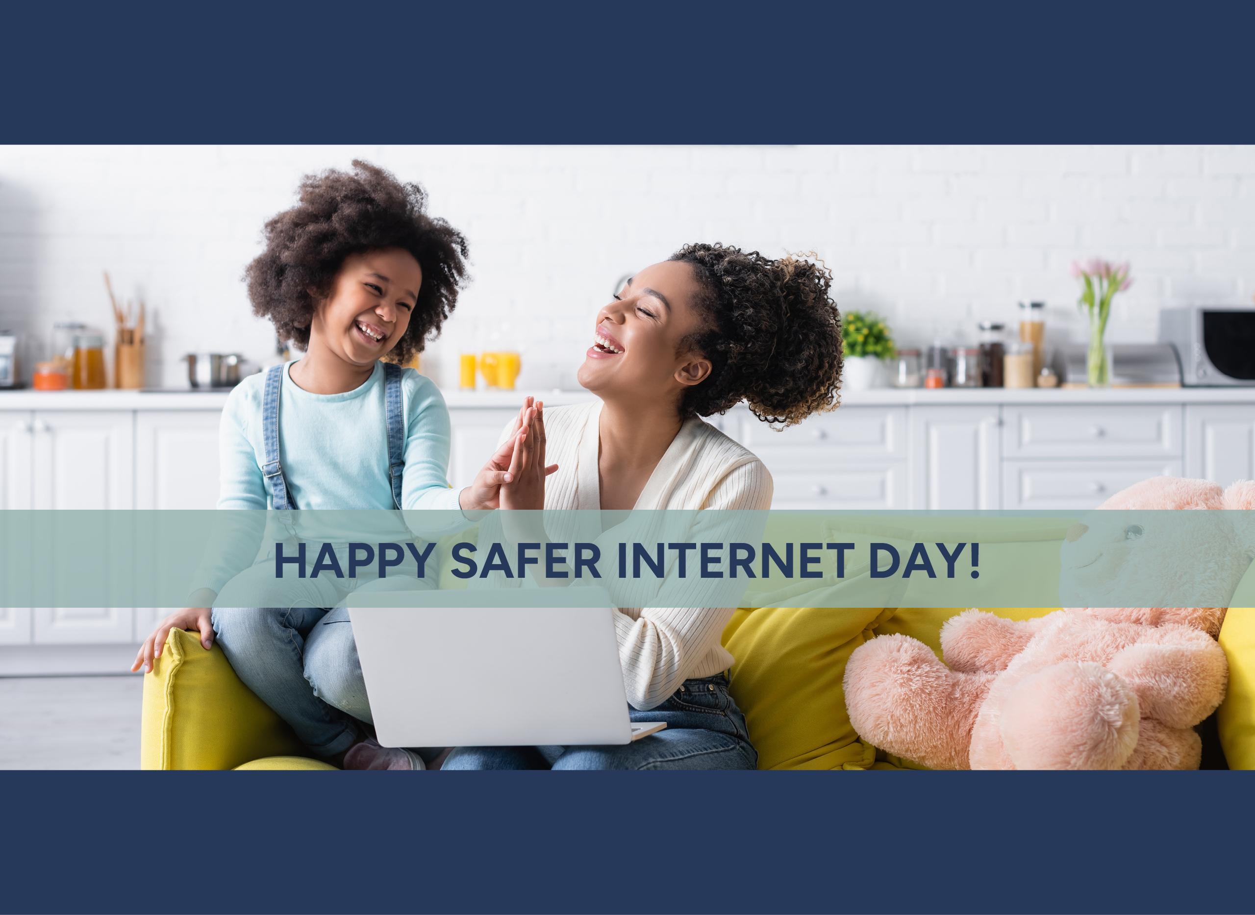 Happy Safer Internet Day. Happy parent and a child is looking at a laptop and raising high-five