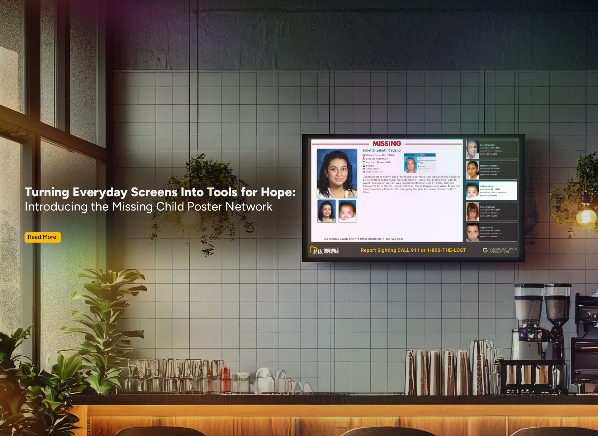 tv screen on wall with missing child poster